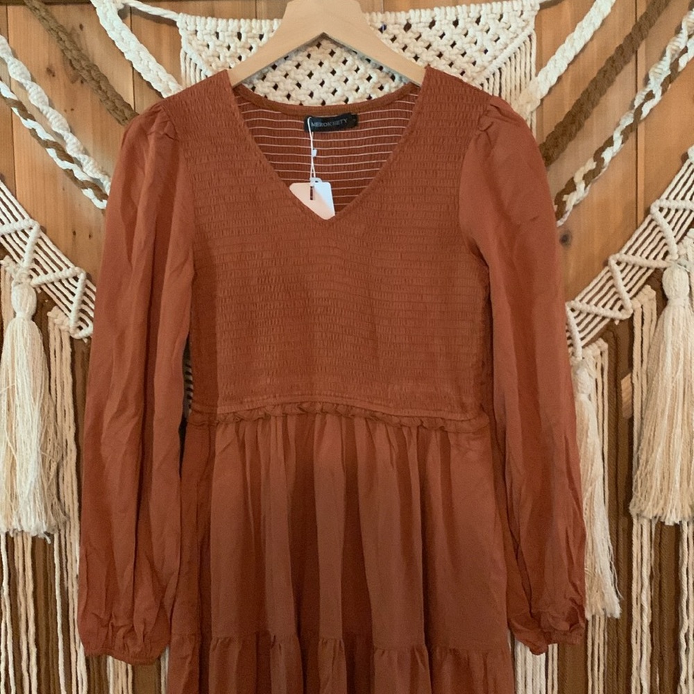 Merokeety Brown Boho Peasant Tired Maxi Dress Size S - Picture 2 of 9